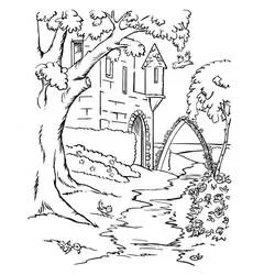 Coloriage Scène de jardin près d'un château médiéval