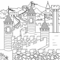 Coloriage Château du Moyen Âge avec tours et remparts