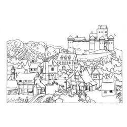 Coloriage Ville du Moyen Âge avec château sur la colline