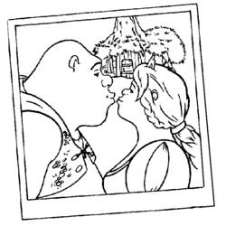 Coloriage L'ogre Shrek et la princesse Fiona s'embrassent