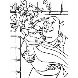 Coloriage Shrek portant Fiona à travers un mur brisé