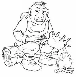 Coloriage Ogre assis près d'un feu de camp