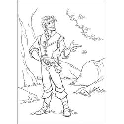 Coloriage Prince Flynn Rider pointant du doigt près d'un rocher