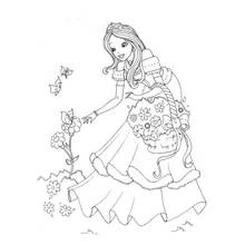 Coloriage Princesse cueillant une fleur avec des papillons