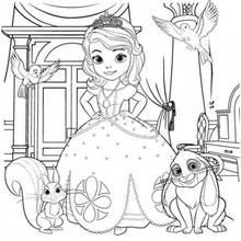 Coloriage Princesse Sofia entourée de ses amis animaux