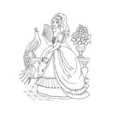 Coloriage Princesse avec un paon et un éventail
