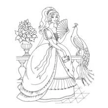 Coloriage Princesse avec un éventail et un paon