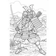 Coloriage Samouraï en armure complète tenant une épée Coloriage Samouraï en armure complète tenant une épée