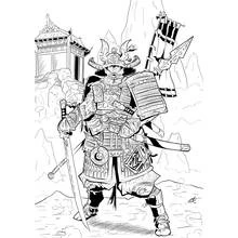 Coloriage Samouraï en armure avec épée et bannière Coloriage Samouraï en armure avec épée et bannière