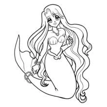 Coloriage Sirène aux cheveux enroulés, main levée au menton