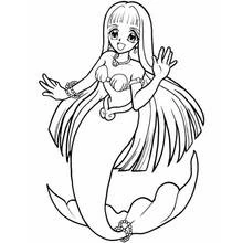 Coloriage Sirène saluant avec de longs cheveux flottants