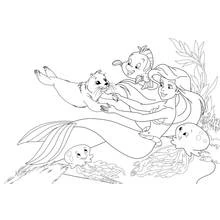 Coloriage Sirène nageant avec un poisson et un phoque