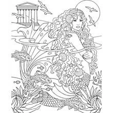 Coloriage Sirène à la chevelure ondulante près d'un temple antique
