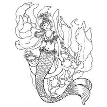 Coloriage Sirène tenant une créature marine près des coraux