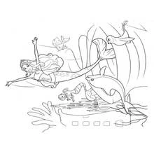 Coloriage Sirène nageant avec un dauphin et des oiseaux sous l'eau