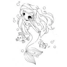 Coloriage Sirène chibi avec un poisson et un crabe