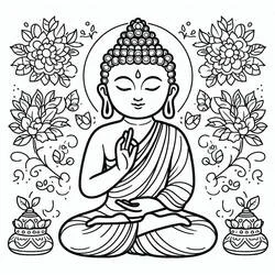 Coloriage Bouddha bénissant entre deux vases fleuris