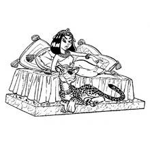 Coloriage Cléopâtre allongée sur son lit avec son léopard