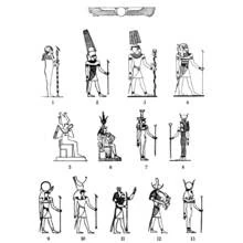 Coloriage Galerie de dieux égyptiens avec sceptres et couronnes