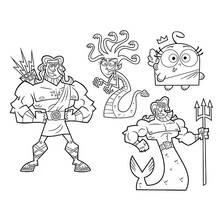 Coloriage Zeus, Méduse, Poséidon et une créature ailée