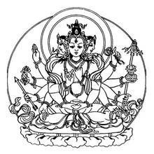 Coloriage Divinité aux multiples têtes assise dans un mandala de lotus
