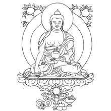 Coloriage Bouddha au bol et branches fruitées