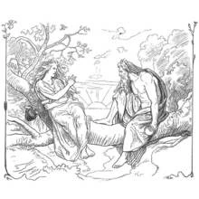 Coloriage Odin discutant avec une déesse près d'un arbre