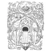 Coloriage Figures nordiques sous l'Arbre du Monde avec oiseaux et lianes