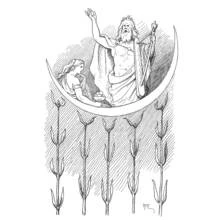 Coloriage Dieu Ase debout dans un croissant de lune avec une déesse