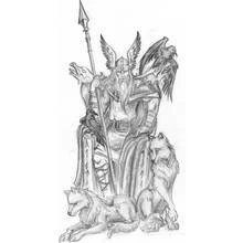 Coloriage Odin assis sur son trône avec corbeaux et loups