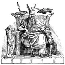 Coloriage Odin sur son trône entouré de loups et de corbeaux