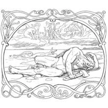 Coloriage Thor pleurant près de Jörmungandr après leur combat