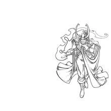 Coloriage Loki avec son casque à cornes et sa cape flottante