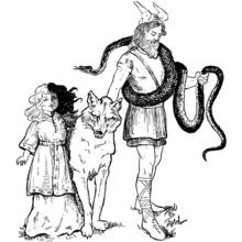 Coloriage Dieu nordique tenant un serpent avec deux enfants et un loup