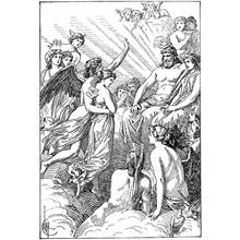 Coloriage Assemblée des dieux et déesses romains sur les nuages