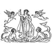 Coloriage Déesse romaine émergeant de la mer avec des angelots et des tritons