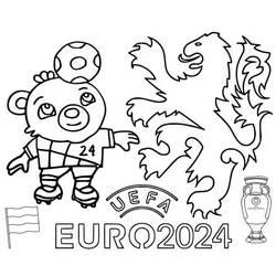Coloriage Albärt, mascotte du Championnat UEFA Euro 2024, avec un lion et un trophée