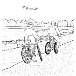 Coloriage Cyclisme le long d'un chemin près d'un lac