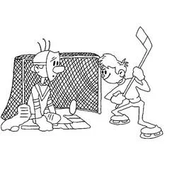 Coloriage Hockey gardien de but face à un joueur qui tire
