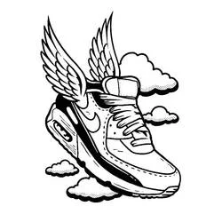 Coloriage Nike chaussure ailée volant dans les nuages