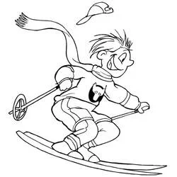 Coloriage Garçon de ski avec écharpe et casquette au vent