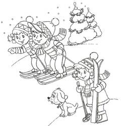 Coloriage Enfants qui skient avec un chien