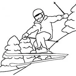 Coloriage Skieur dévalant une pente enneigée