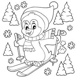Coloriage Pingouin faisant du ski dans la neige