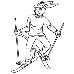 Coloriage Lapin de ski avec bâtons
