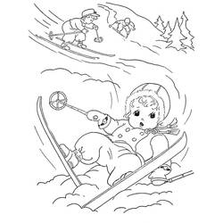 Coloriage Les enfants skient sur une pente enneigée