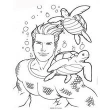 Coloriage Aquaman nageant avec deux tortues marines