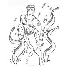 Coloriage Aquaman entouré d'anguilles sous l'eau