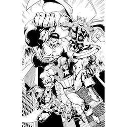 Coloriage Avengers chargeant au combat au-dessus de la ville