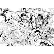 Coloriage Avengers combattant des vilains dans les décombres